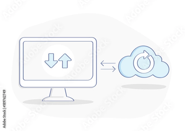 Fototapeta Sync, cloud storage, data syncing across devices. Service exchange or data processing, network of devices, connection, update, synchronize. Device connected to the "cloud".