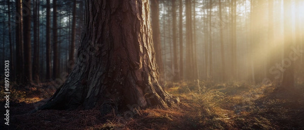 Obraz Large tree trunk in a misty forest with bright sun rays
