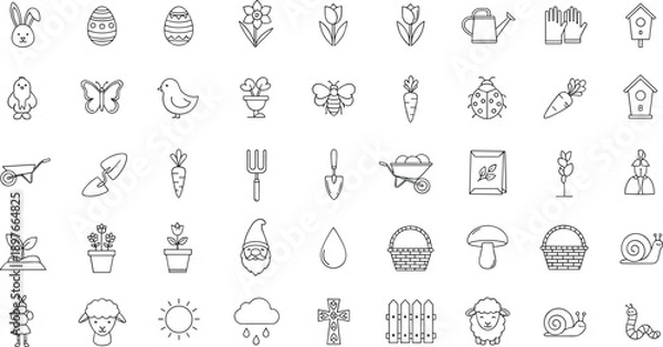 Obraz Spring garden icons set with Easter bunny and eggs