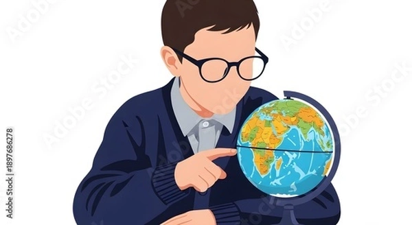 Obraz Young Student with Glasses Pointing at Globe