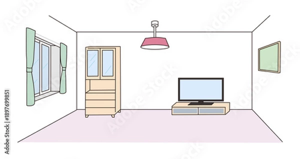 Obraz １点透視図法、窓、カーテン、絵画、テレビ、棚のある部屋のベクターイラスト