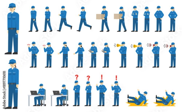 Obraz フラットイラスト：青い作業着とキャップを着た作業員セット(表情あり)