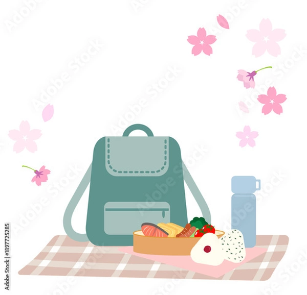 Obraz 春の遠足セットイラスト（お弁当・リュック・桜）