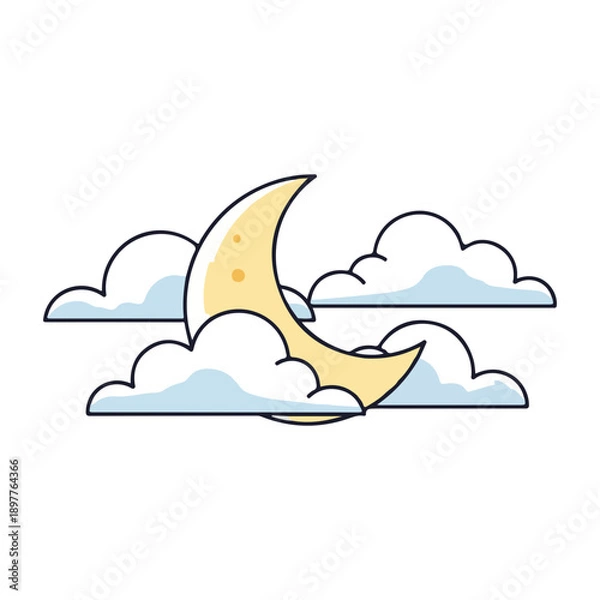 Obraz Crescent Moon and Clouds Simple Outline Vector Illustration