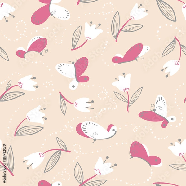 Fototapeta Seamless pattern with butterflies. Background with flying beautiful butterfy and tulip flowers.