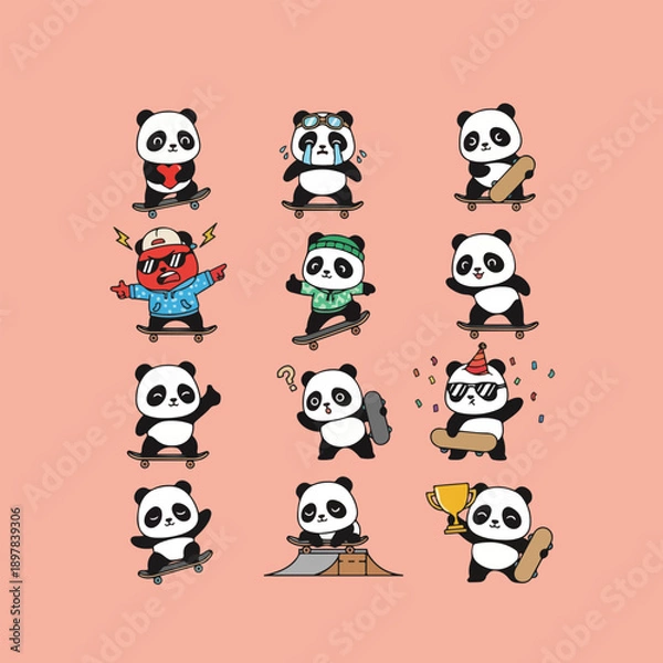 Obraz Skateboarding Panda Character Set