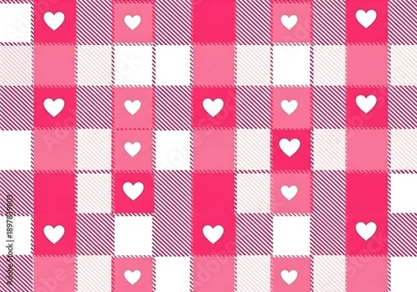 Obraz Pink and white gingham pattern with small hearts