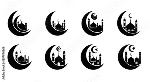 Obraz Islamic crescent moon and mosque silhouettes in repeating pattern