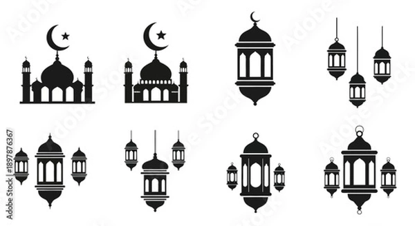 Obraz Islamic elements mosques crescent moons and decorative lanterns in black