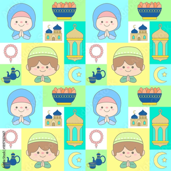 Obraz Cute Seamless Ramadan Pattern with Muslim Kids Mosque Lantern and Iftar Elements