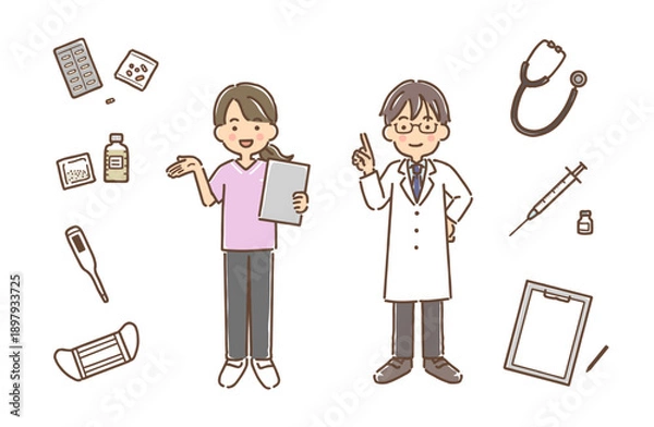 Obraz スクラブ姿の看護師・白衣の医師・医療アイテム／セット