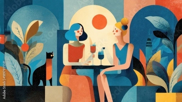 Obraz お店でくつろぐ女性二人のイラスト