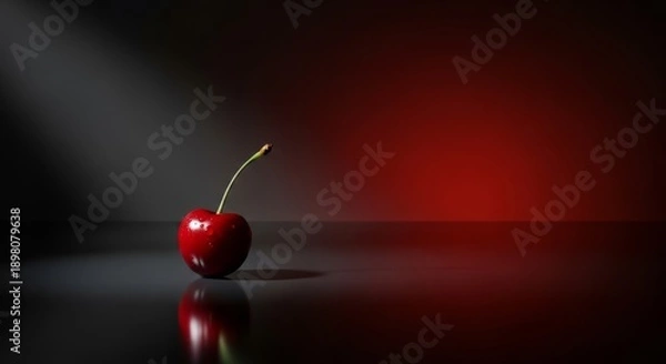 Obraz Single ripe cherry with stem casting a dramatic shadow on a reflective surface