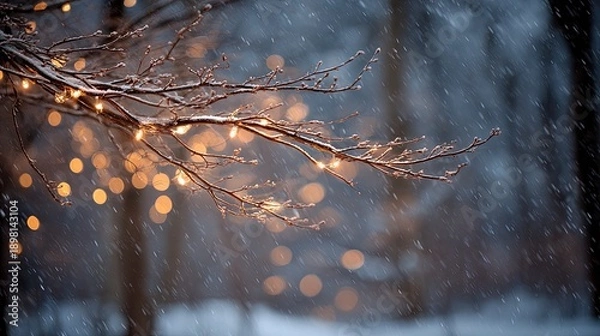 Obraz Snowy Winter Branches With Warm String Lights
