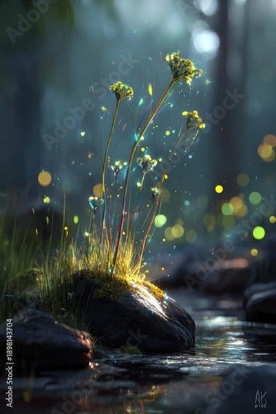 Obraz Glowing Flowers By Stream In Forest