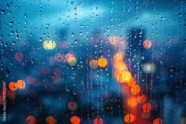 Obraz 窓ガラスの雨滴と夜景
