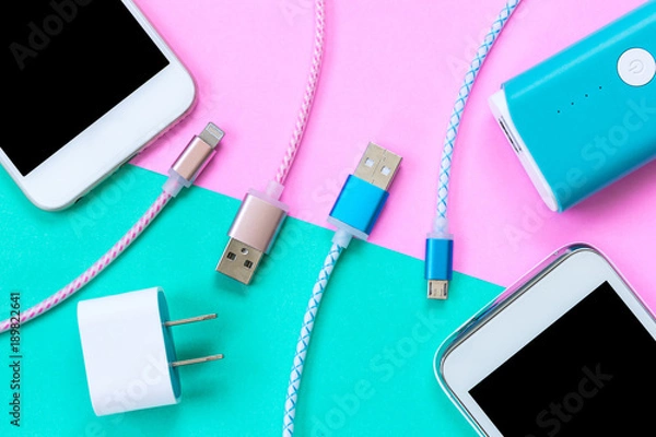 Fototapeta USB charging cables for smartphone and tablet in top view