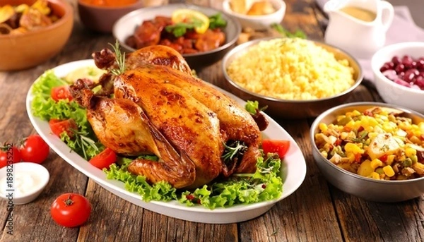 Obraz Delicious Roasted Chicken Dinner with Assorted Side Dishes.