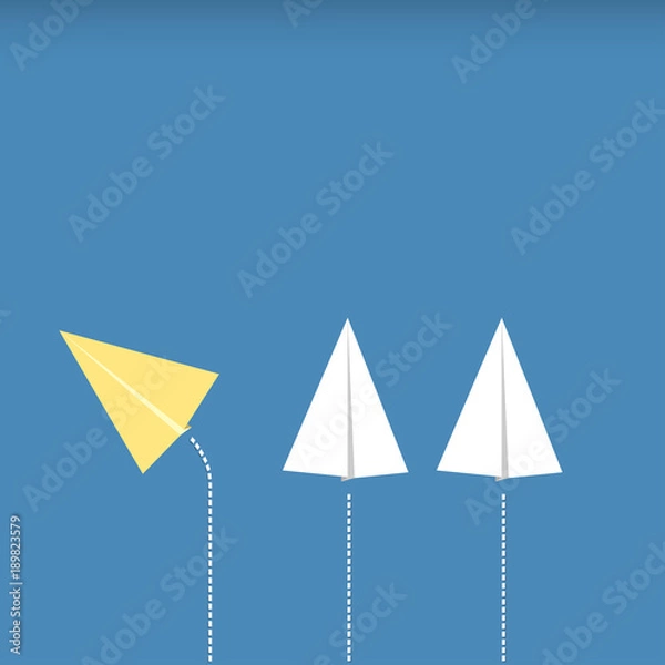 Fototapeta A different paper rocket flying out from others. Business concept of talent, leadership, teamwork, creativity and recruitment. Vector illustration.