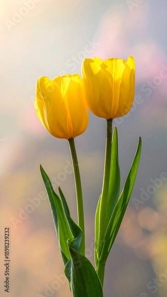 Obraz Two Yellow Tulips in Soft Light - A Springtime Bloom.