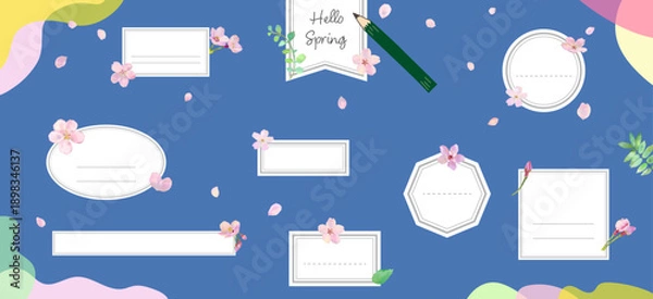 Obraz 春の桜のメッセージカード風　デザインフレームセット　ベクターイラスト　コピースペース　タイトル