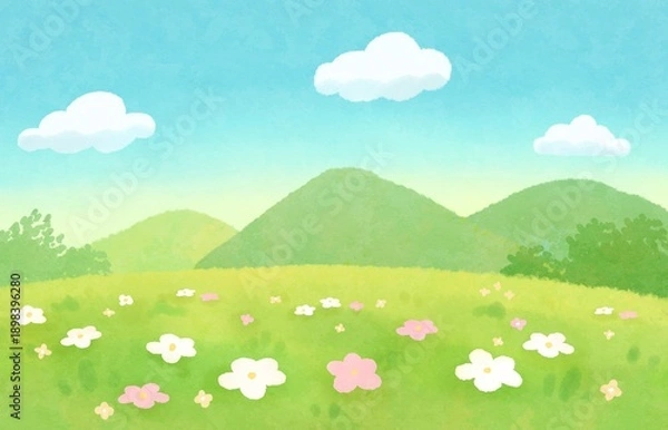 Obraz 青空と草原と山の背景イラスト