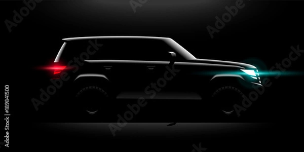 Fototapeta Realistic Off-road car full-size SUV lit in the dark
