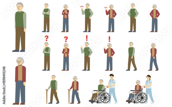 Obraz フラットイラスト：シニア男女セット(表情あり)