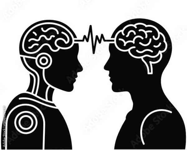 Obraz Human brain and robot head connection with waveform communication