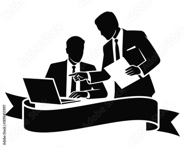 Obraz Two businessmen collaborating with a laptop and document