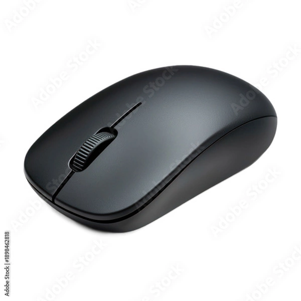 Obraz A black wireless computer mouse on a white background.