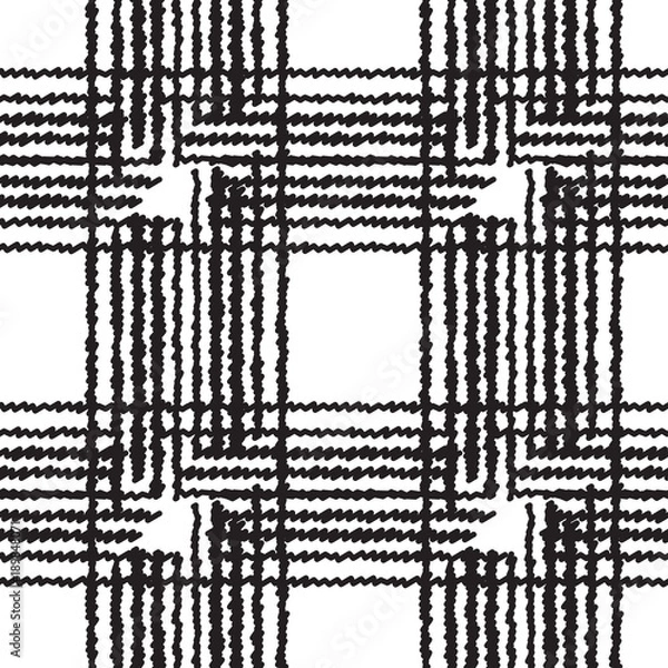 Fototapeta Patchwork pattern. Grunge print with ink lines. Black and white background. Vector monochrome seamless design.