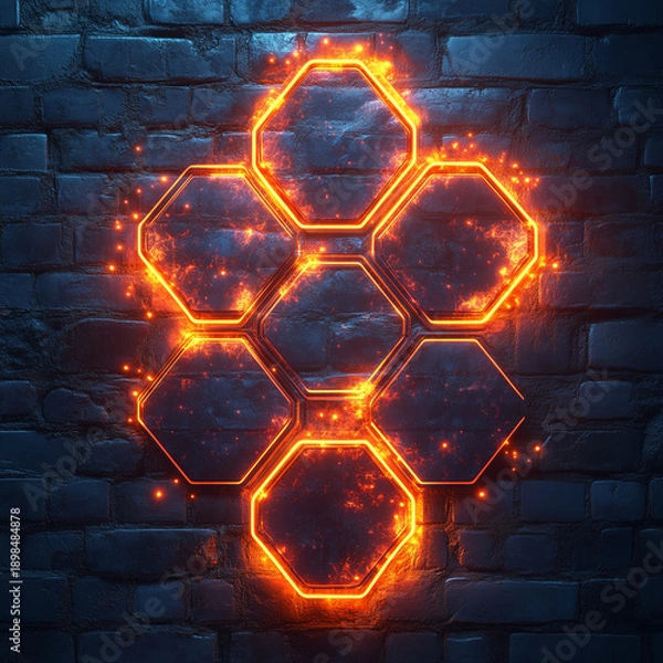 Obraz Glowing hexagons on dark brick wall background