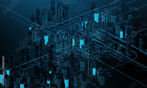 Fototapeta Futurystyczne wieżowce w ruchu. Przepływ danych cyfrowych. miasto przyszłości. Ilustracja 3D. Renderowanie 3D
