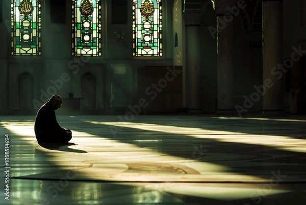 Obraz Muslim man praying inside mosque with sunlight