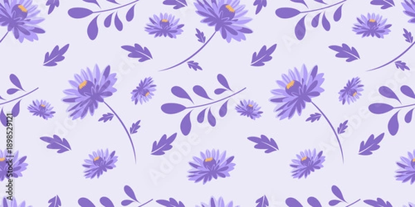 Obraz Vibrant Purple Aster and Leaf Seamless Pattern on Soft Lavender Backdrop