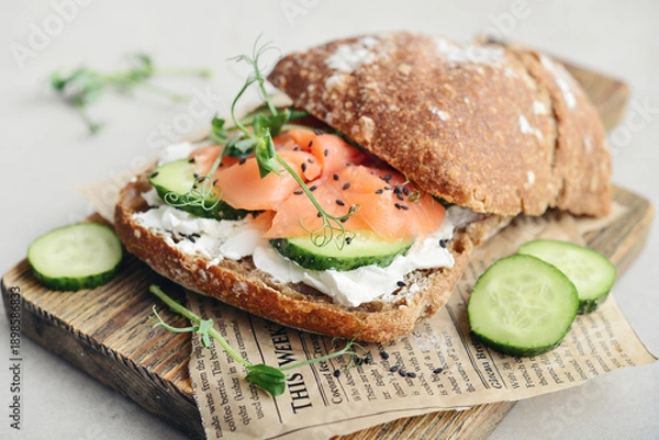 Obraz Rye bread sandwich with salted salmon,