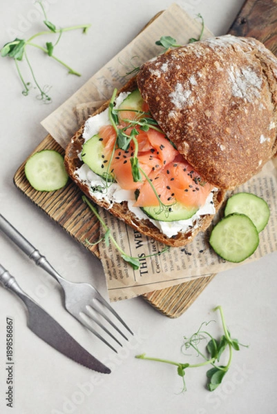 Obraz Rye bread sandwich with salted salmon,