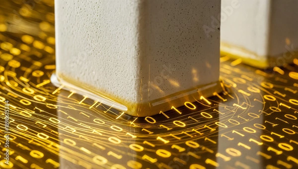 Fototapeta Golden binary code streams around a textured white pillar, representing digital infrastructure and data flow