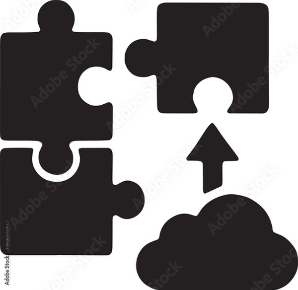 Obraz Two puzzle pieces being connected by an upward arrow and cloud, symbolizing Application Programming Interface integration and data exchange, modern bold style
