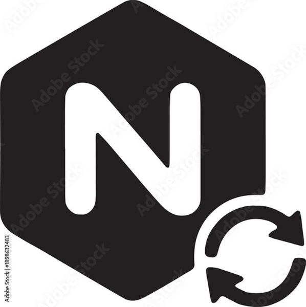 Obraz A hexagonal nut shape emblazoned with a bold letter N and recycle arrows, symbolizing the Node.js JavaScript runtime environment and event loop, black bold lines