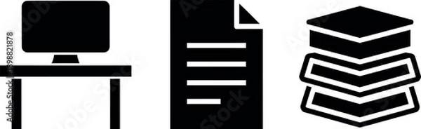 Fototapeta Modern workspace essentials with computer, document, and books stack