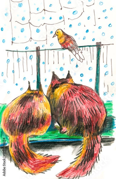 Obraz Two Cats Watching a Bird