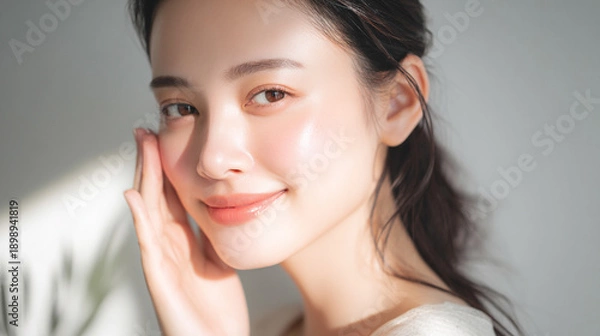 Obraz 健康的で透明感のある美しい肌の笑顔の女性