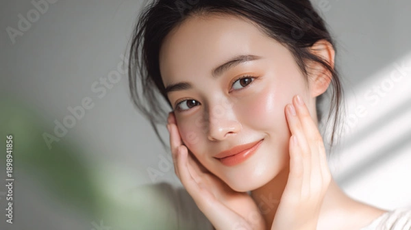 Obraz 健康的で透明感のある美しい肌の笑顔の女性