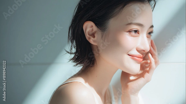 Obraz 健康的で透明感のある美しい肌の笑顔の女性