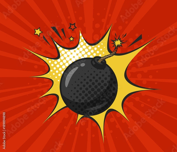 Fototapeta Okrągła czarna bomba z płonącym lontem, narysowana w stylu retro pop-art. Ilustracja wektorowa komiks kreskówka