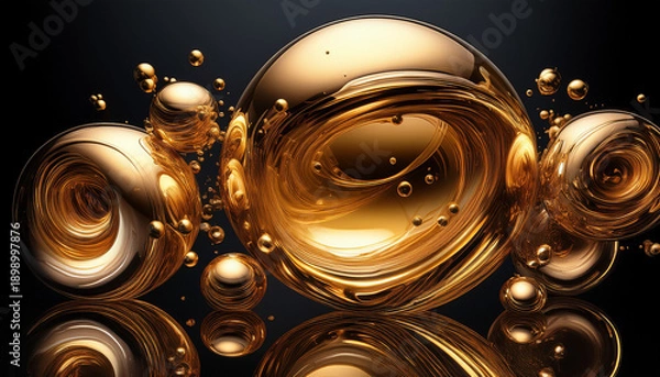 Obraz Golden Liquid Spheres Float Against A Black Background