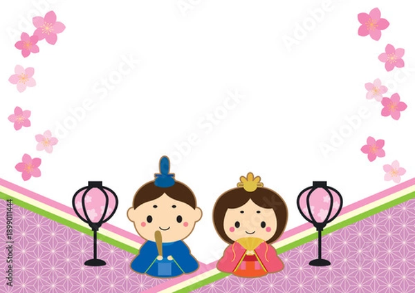 Obraz かわいいお雛様と桃の花の和風ひな祭りフレーム/紫