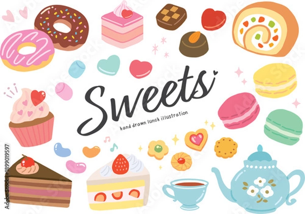 Obraz お菓子や紅茶の手描きイラストセット